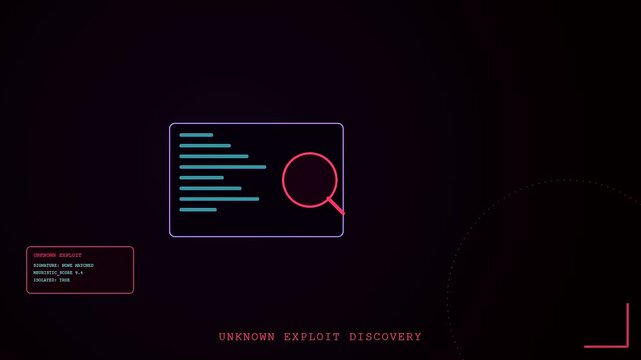 Threat hunting concept animation showing a magnifying glass moving across code lines displayed inside a digital interface monitor for professional cybersecurity monitoring and systems analysis