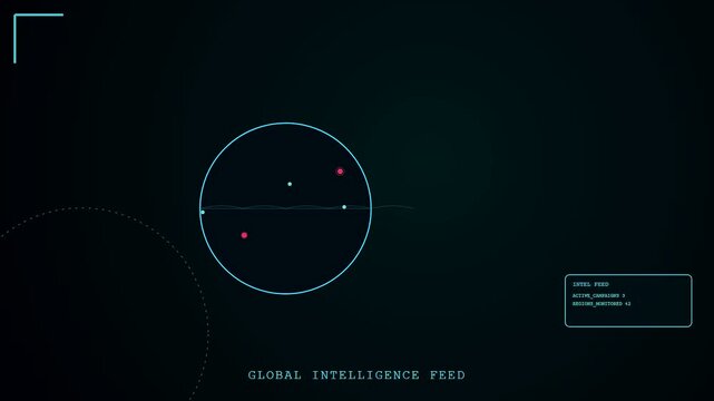 Threat hunting interface animation with circular radar elements showing dynamic digital movement across a dark screen display featuring glowing nodes and thin wavy lines