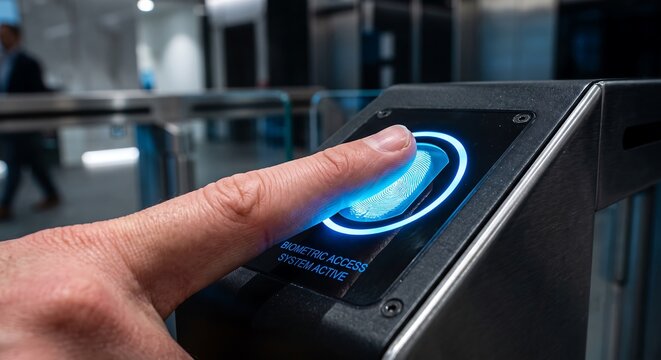 Man scanning finger on biometric security reader at office entrance. Scanner verifying digital identity for secure facility access. Modern technology authentication and corporate safety system.
