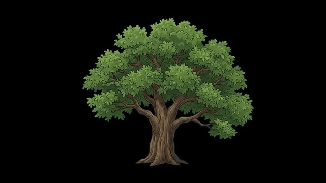 A detailed 2D model of a large oak tree featuring a thick trunk and a full lush green leafy crown, isolated against a solid dark black studio backdrop. Perfect for forestry presentations, environmenta