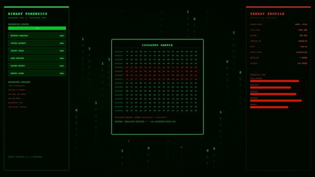 Threat hunting interface displaying complex data streams and analytical panels with flickering green code on dark screens for advanced software monitoring and professional digital systems observation
