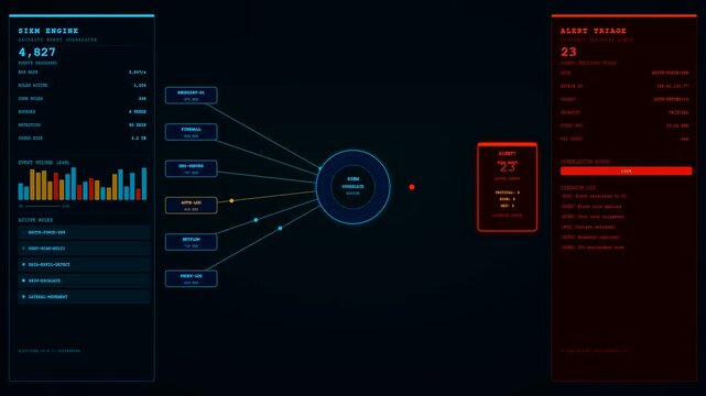 Threat hunting interface displaying cyber security metrics with glowing data nodes and flickering orange alert signals emerging across a dark digital monitoring screen dashboard setup