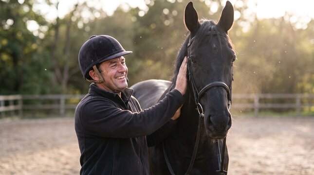 Happy mature man smiling and affectionately patting his black horse outdoors