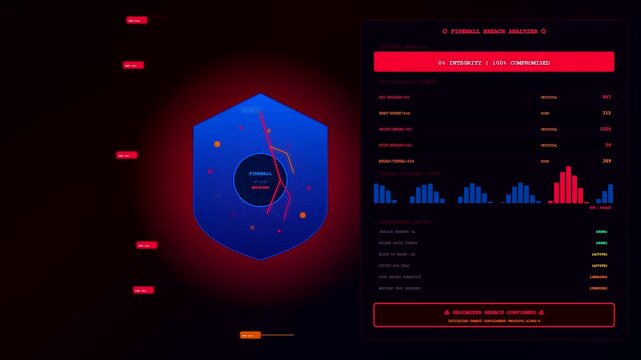 Digital threat hunting interface showing security monitoring software with data visualizations of network breach progress and red warning indicators during a severe system cyber attack sequence