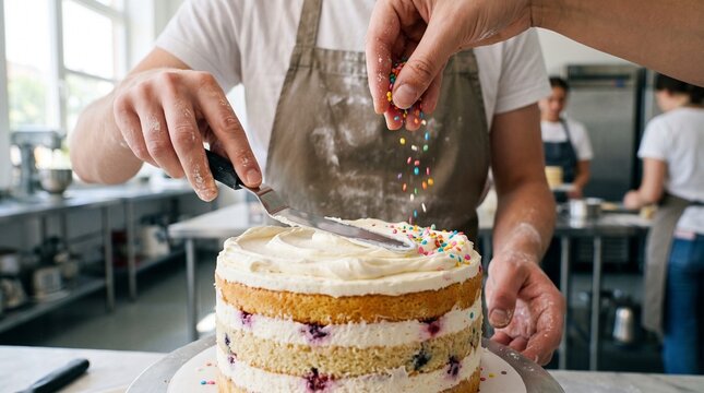 Baker carefully sprinkling colorful sprinkles onto the top of a freshly frosted layered berry cake