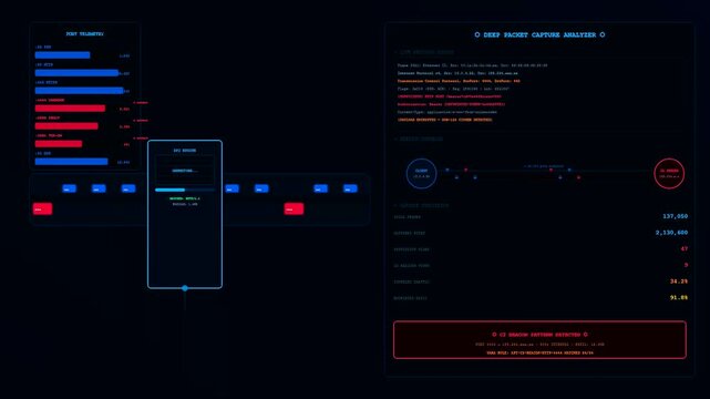 Threat hunting interface displaying live network packet data logs with illuminated bars and status indicators in a dark digital workspace environment for active cyber security monitoring