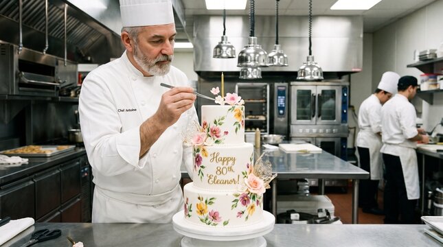 Senior pastry chef carefully adding final floral decorations to an elegant 80th birthday cake