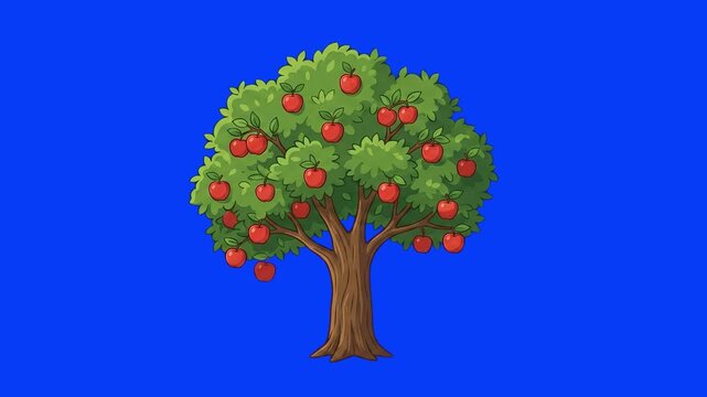 Lush 2D vector-style illustration of a stylized apple tree full of ripe red apples, isolated on a bright solid blue background. Perfect for cartoon video promos, farm product packaging, educational ch