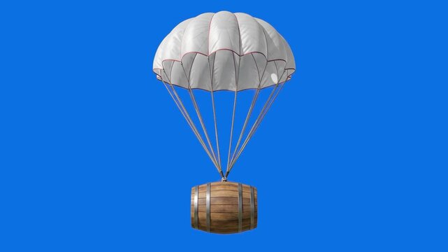 Detailed 3D model of a vintage wooden barrel descending smoothly with an open white dome parachute, isolated on a bright solid blue background. Excellent for video game loot drop scenes, cargo air dro