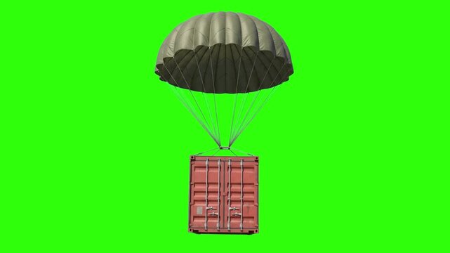 A 3D model of a red shipping container cargo crate descending under a military parachute on a green screen backdrop. Great for battle royale video games, military supply drop overlays, and chroma key 