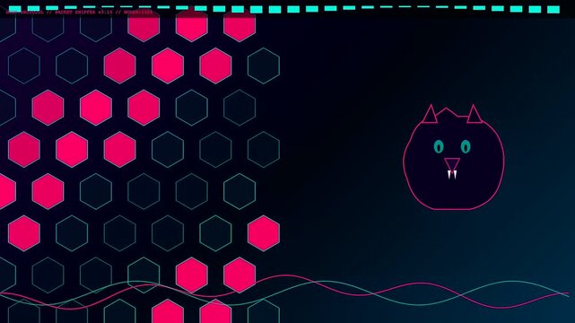 Threat hunting concept visualized through a repeating digital pattern featuring a glowing feline silhouette animated across a dark interface screen with vibrant pink hexagonal shapes