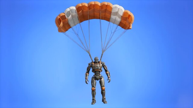 A powerful 3D render of a mecha robot parachuting down with an orange and white parachute canopy, isolated against a solid sky blue studio backdrop. Great for gaming promos, sci-fi trailers, technolog