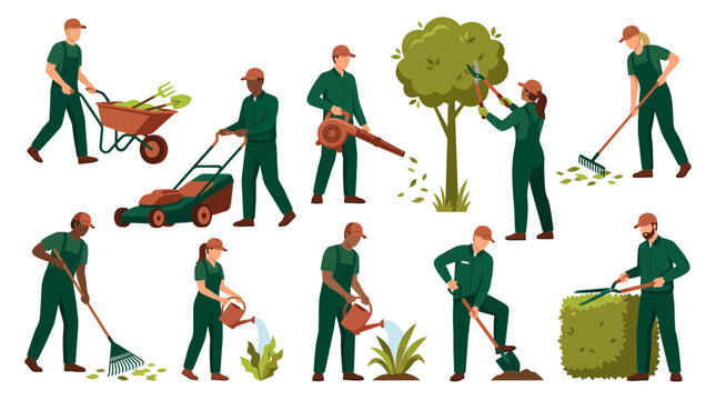 Professional gardeners in green uniforms performing landscaping tasks like lawn mowing and tree pruning, illustrating professional gardening services and covering maintenance business branding