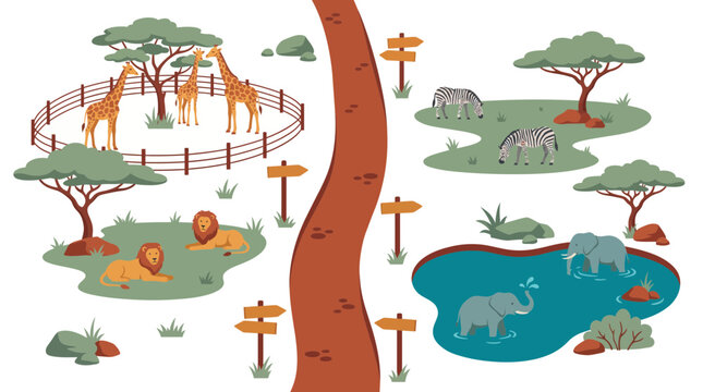 Detailed vector map of safari zoo park with wild animals including giraffe lion zebra and elephant near road, illustrating educational wildlife conservation and representing family tour plan