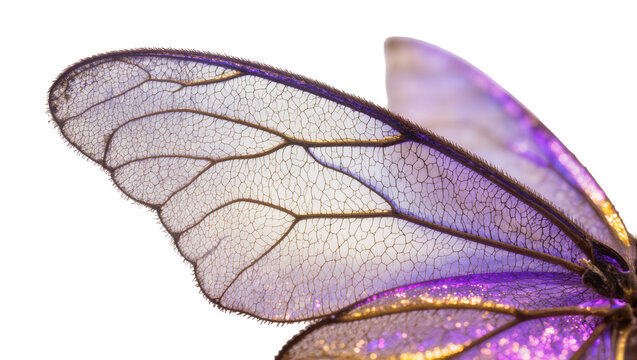 Isolated delicate transparent insect wing with intricate purple venation and golden light effect