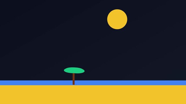 Minimalist night beach landscape with moon and palm tree flat animation 4k