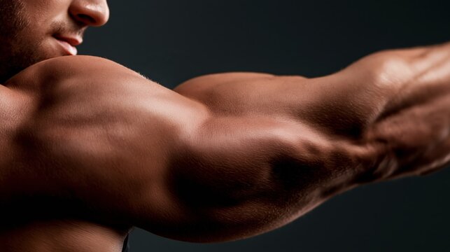 Bodybuilder's arm showing the tricep horseshoe shape in a pushdown pose. Concept of tricep strength.