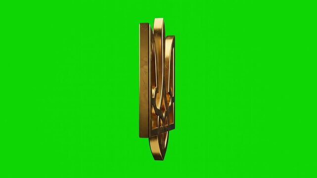 A detailed golden 3D model of the Coat of Arms of Ukraine (Trident / Tryzub) rotating horizontally, isolated on a solid chroma key green screen background for easy compositing. Ideal for broadcast gra
