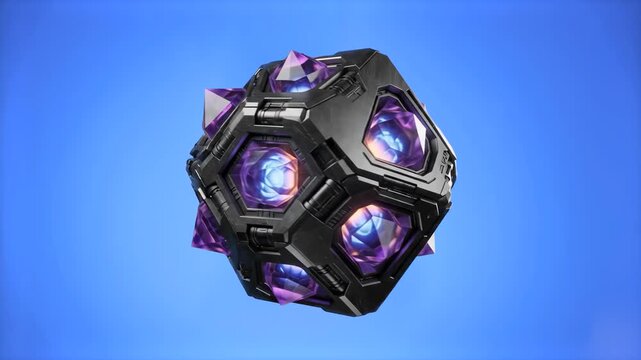 Detailed 3D model of a high-tech sci-fi mechanical container core with glowing purple crystals, set against a smooth blue gradient background. Perfect for video game UI assets, sci-fi loot box designs