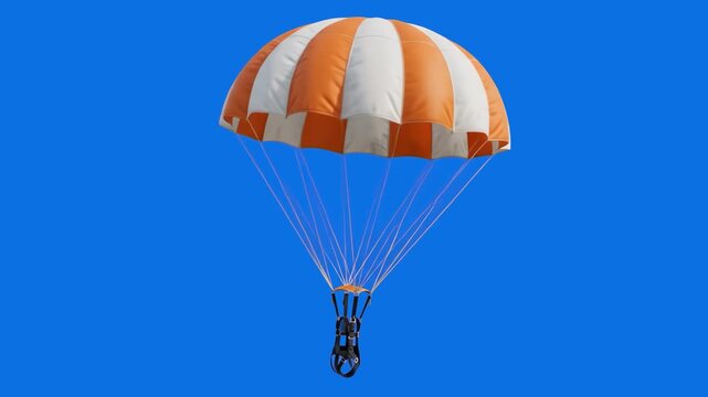 A 3D render of a open dome-shaped orange and white striped parachute deployed in mid-air against a clear blue sky. Excellent for extreme sports, skydiving, safety equipment, emergency landing, deliver