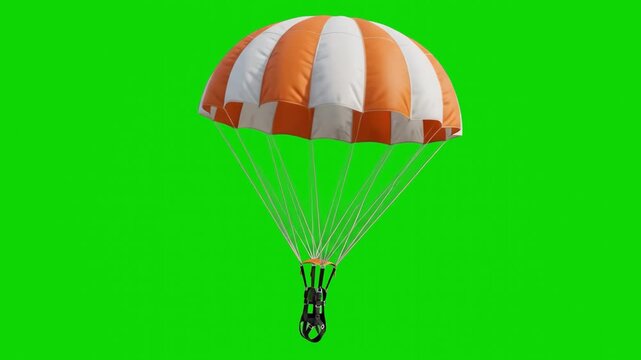 High-detail 3D model of an unfolded orange and white round dome parachute canopy descending, isolated on a bright green screen chroma key background. Excellent for air drop video compositing, emergenc