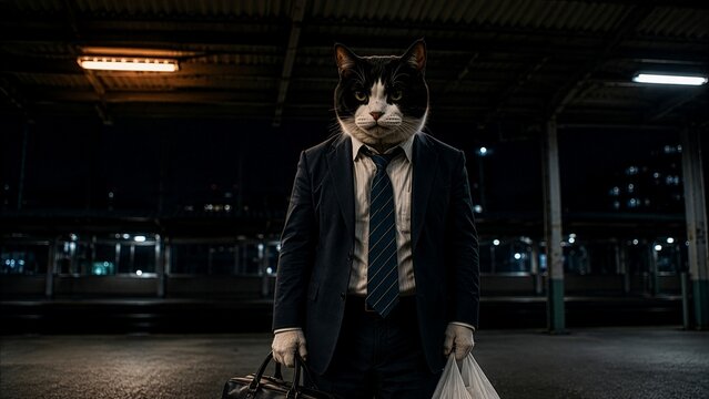 Business Cat Waiting on a Japanese Train Platform at Night. Tokyo cat wide shot. AI generated
