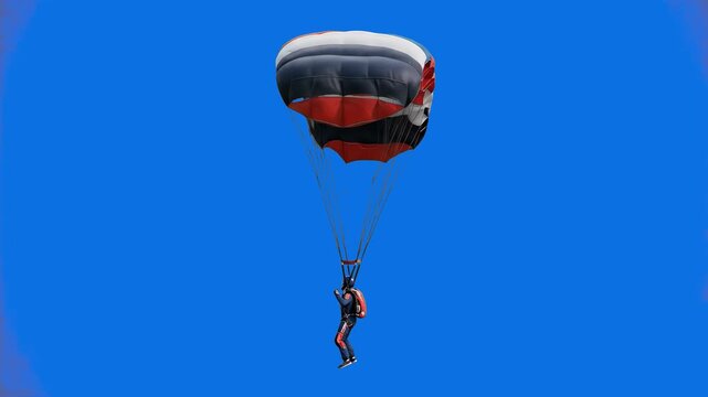 Realistic 3D render of a skydiver descending with an open black and red paragliding parachute canopy, isolated on a bright solid blue background. Ideal for extreme sports promos, aerial activity visua