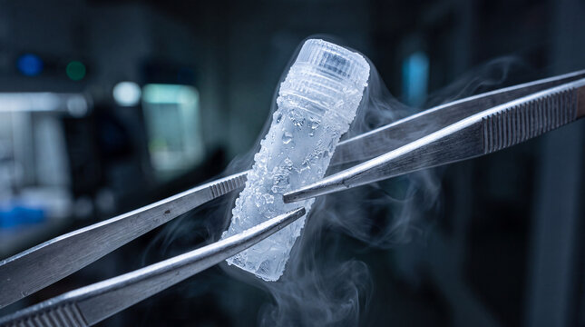 Scientist hand in glove holding a cryovial with an embryo during in vitro fertilization - ivf - process, lowering it into liquid nitrogen for cryopreservation in a laboratory