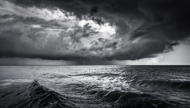 Dramatic Dark Storm Clouds Gathering Over A Turbulent Ocean In Grayscale With Moody Lighting