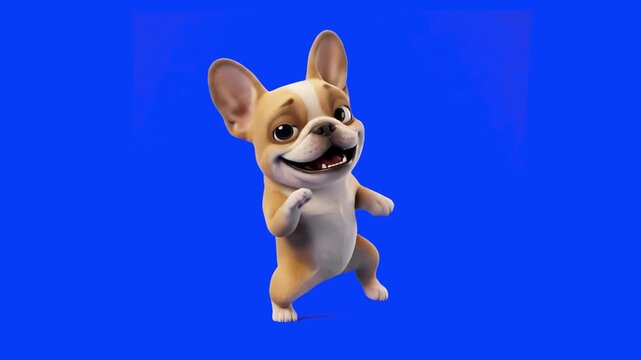 A cute 3D cartoon French Bulldog puppy joyfully dancing and standing on its hind legs, isolated on a solid chroma key blue background. Ideal for pet care promotions, funny dog videos, children's conte