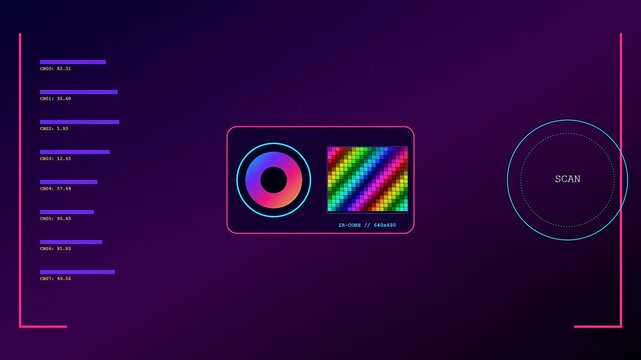 a colorful thermal imaging interface shows a digital circular scanner and data readout metrics on a dark purple screen display for advanced observation and analysis