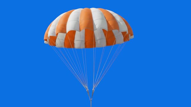 A 3D render of a open dome-shaped orange and white striped parachute deployed in mid-air against a clear blue sky. Excellent for extreme sports, skydiving, safety equipment, emergency landing, deliver