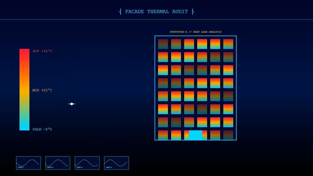A sophisticated thermal imaging interface displays building heat levels across multiple windows with glowing temperature gradients shown in a modern digital monitoring system data display