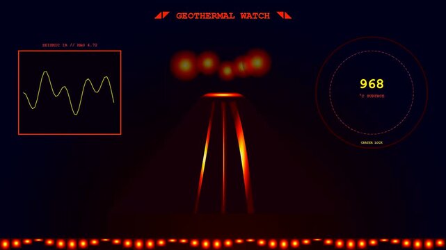 Advanced thermal imaging monitors volcanic activity displayed through glowing red digital interfaces that feature seismic wave graphs and surface temperature readings on dark screen panels