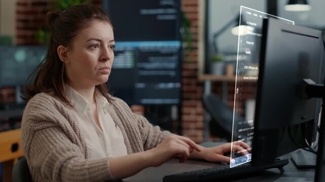Caucasian system engineer working focused looking at VFX of floating computer screen with programming code while typing, while software developer writing algorithms in it developing agency.