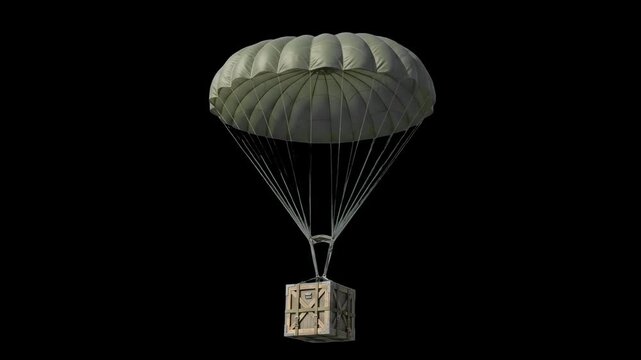 Detailed 3D model of a military supply box dropping with a deployed green parachute, isolated against a pitch-black background. Great for high-contrast gaming teasers, action movie VFX overlays, survi