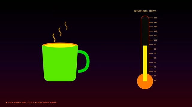a thermal imaging display showing the cooling process of a beverage mug with steam animation and digital temperature metrics shown in three sequential stages on screen