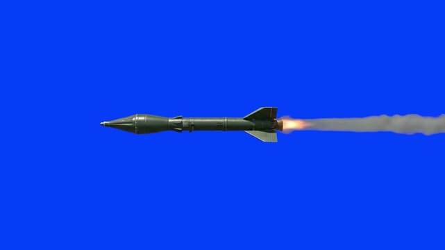 A detailed 3D model of an RPG anti-tank rocket propelled grenade missile flying horizontally with fire exhaust and smoke trail, isolated on a bright blue chroma key background. Perfect for modern warf