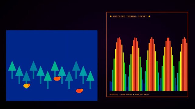 A digital thermal imaging display monitoring wildlife movement through forest trees with moving yellow entities and colorful data bars showing varying temperature levels on dark screen
