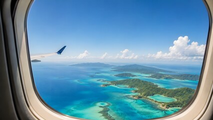 Fototapeta premium Airplane Window View of Tropical Islands From Above