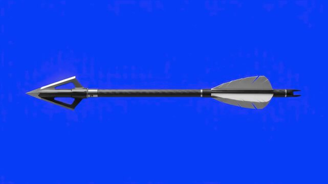 Sleek metallic archery arrow shaft with fletching and arrowhead in horizontal flight, isolated on a bright blue background. Perfect for sports archery tutorials, historical war video compositing, acti
