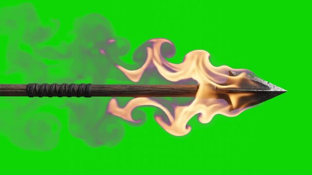 A horizontal burning archery arrow with bright orange flames and swirling smoke effects flying across the frame, isolated on a solid chroma key green screen background for effortless compositing. Idea