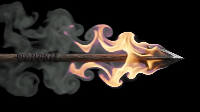 High-contrast 3D render of a flying wooden arrow engulfed in bright flames with realistic smoke trails, isolated against a dark black background. Ideal for cinematic movie teasers, action sequence ove
