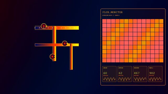 a thermal imaging interface displays changing data flux monitoring grid patterns as digital markers shift across glowing orange and yellow panels during a system update process