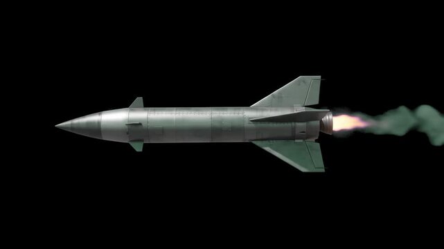 A detailed 3D render of a metallic ballistic missile or rocket flying horizontally with engine flame exhaust against a solid black background. Suited for defense technology promos, news broadcasts, an