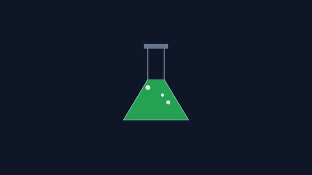 Scientific erlenmeyer flask with bubbling green liquid animation 4k science laboratory chemistry experiment