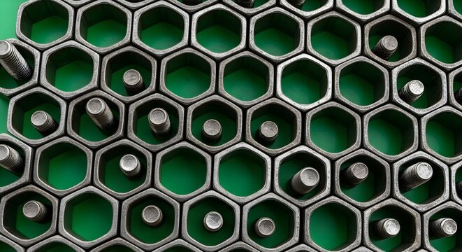 Industrial metal hexagons and threaded rods on a green background abstract pattern