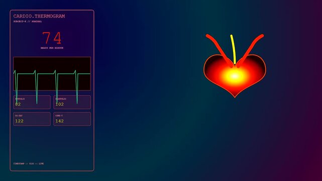 A detailed thermal imaging display shows a pulsing human heart icon with fluctuating vitals and digital heart rate readouts on a dark gradient interface in motion
