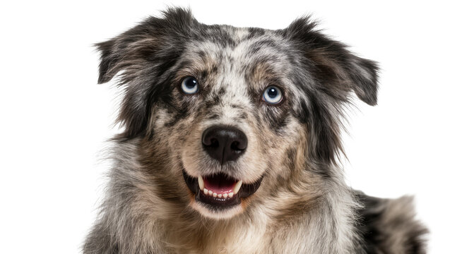 Isolated happy merle dog with beautiful blue eyes close up headshot smiling cheerfully