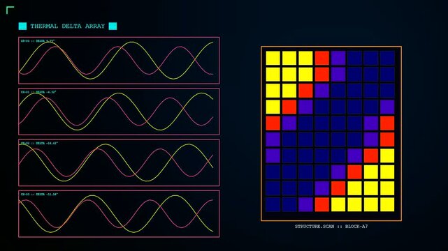 Abstract thermal imaging display showing colorful grid patterns and oscillating wave signals on a dark digital interface during a simulated scientific system analysis operation sequence